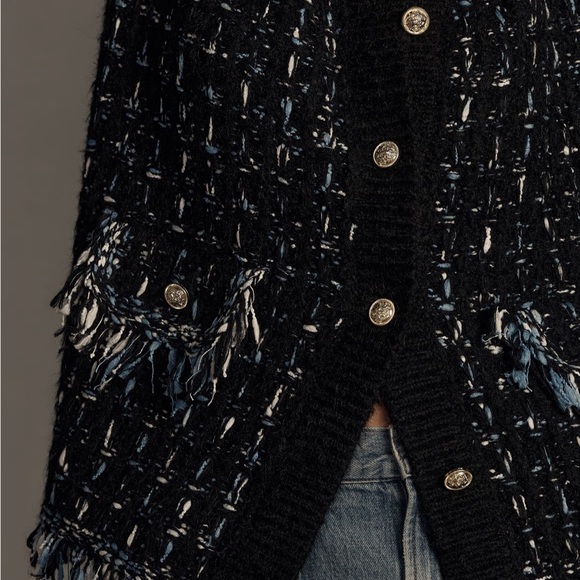 Anthropologie Tweed Fringe Cardigan Sweater Size M - Picture 3 of 8